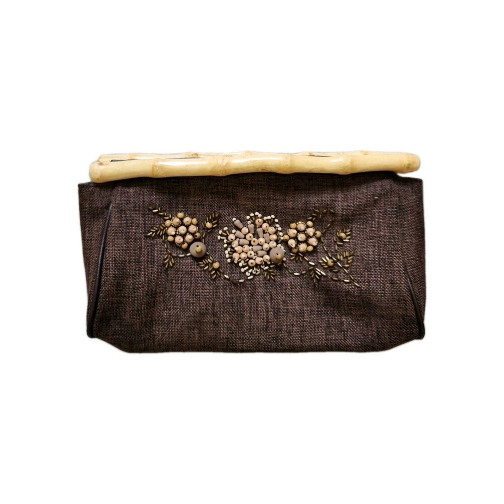 Vintage Avon Beaded Brown Fabric Bamboo Cane Handle Clutch Handbag 6x11 EUC